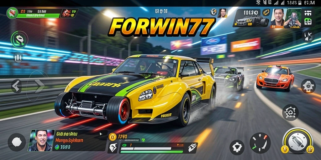 Gameplay FORWIN77 dengan grafik balapan yang memukau.