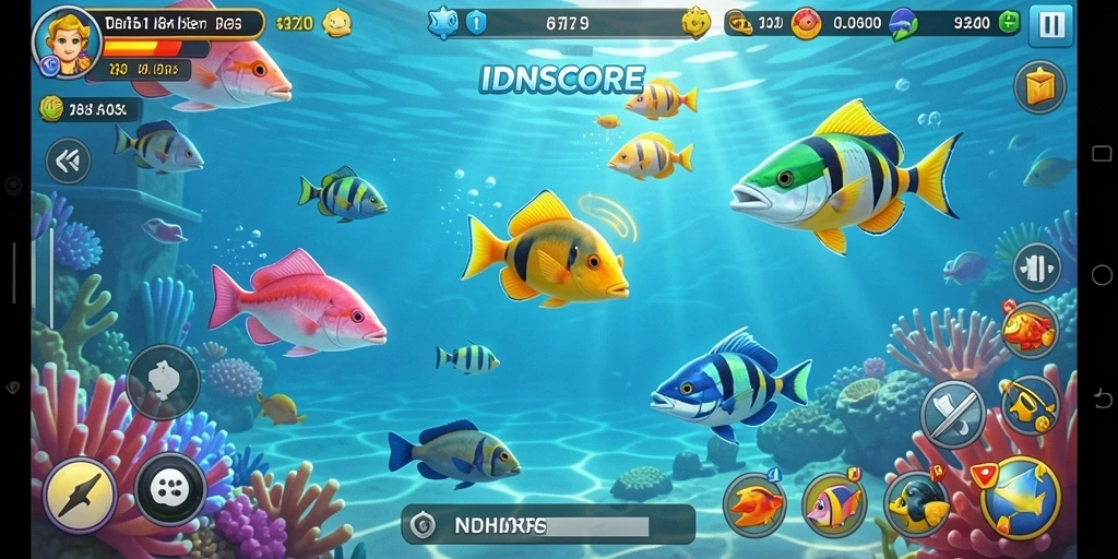 Tampilan gameplay seru dalam IDNSCORE saat menembak ikan.