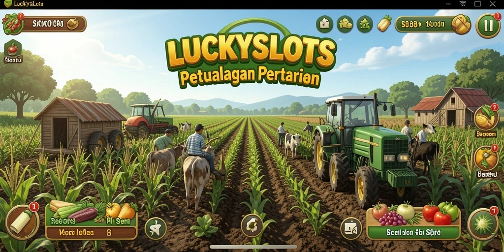 Screenshot dari gameplay LUCKYSLOTS yang menunjukkan aktivitas pertanian.