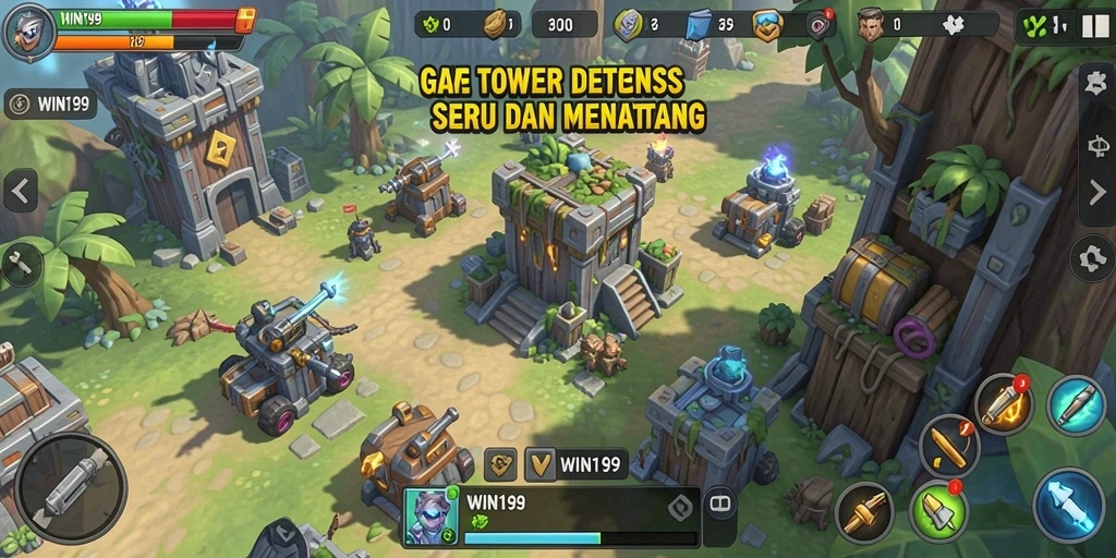 Gameplay WIN199 menampilkan menara dan musuh dalam pertarungan seru.